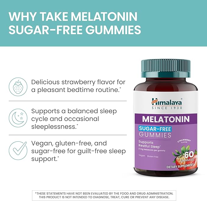 Himalaya Melatonin Sugar-Free Gummies Supports Restful Sleep Vegan Gluten-Free 3 mg Melatonin 60 Gummies