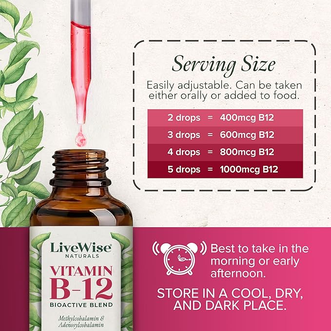 Organic Vitamin B12 1000 mcg Sublingual Liquid Drops For Adults 6 Months Supply 1 oz Methylcobalamin &amp Adenosylcobalamin - Bioactive Blend for Energy Clarity &amp Focus - Vegan Non-GMO Unfla