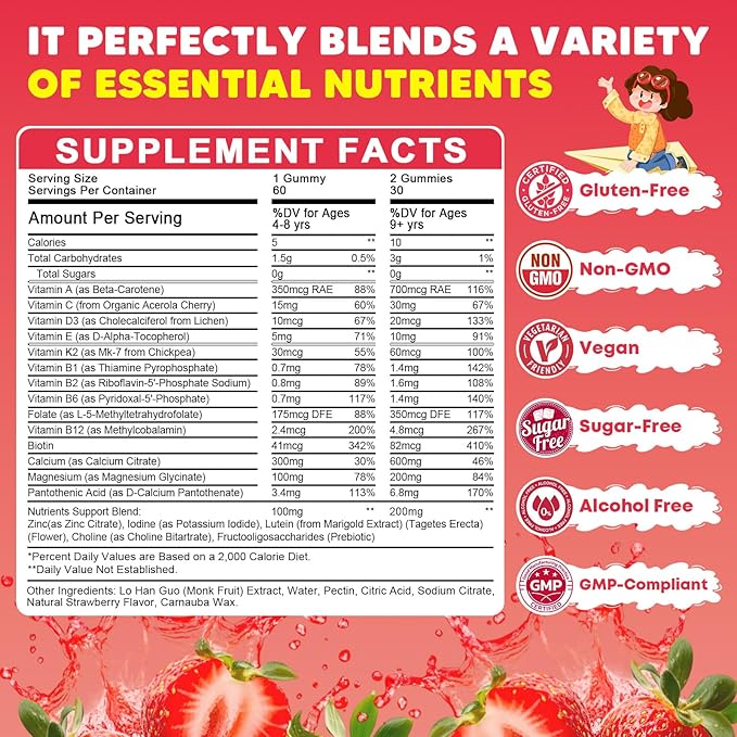 (2 Pack) Sugar Free Calcium Multivitamin Gummies for Kids with Methyl B12 &amp Methylfolate Calcium Vitamins C D A B1 B2 B6 Biotin Magnesium - Nutritional Immune Bone Support 120 Ct