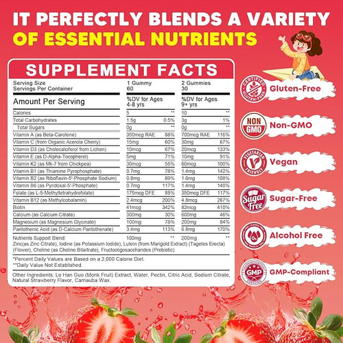 (2 Pack) Sugar Free Calcium Multivitamin Gummies for Kids with Methyl B12 &amp Methylfolate Calcium Vitamins C D A B1 B2 B6 Biotin Magnesium - Nutritional Immune Bone Support 120 Ct