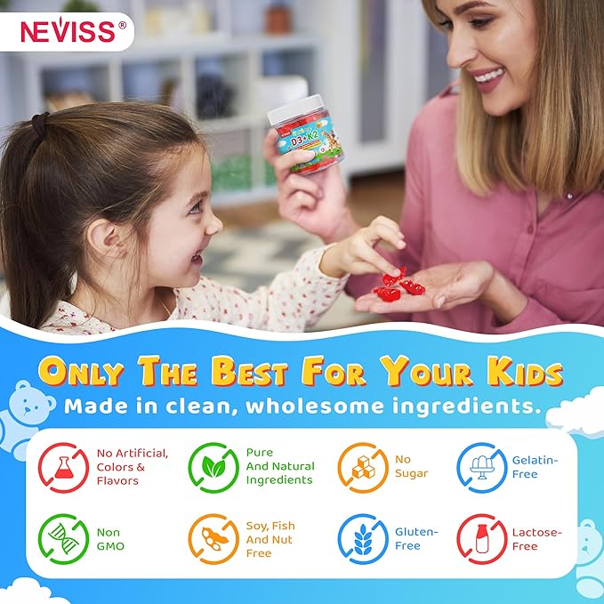Vitamin D3 K2 Gummies for Kids + Calcium Magnesium Zinc Phosphorus Vitamin C Kids Multivitamin D3 &amp K2 Supplement for Bṏne Health Calcium Absorption Focus &amp Immunity Non GMO Sugar Fre