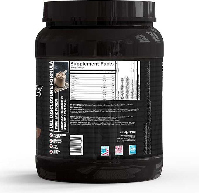 Samnites Plant Base Protein Powder Dutch Chocolate Flavor Natural Whey with AstraGin 20g Protein 1.32lb Gluten Free Soy Free