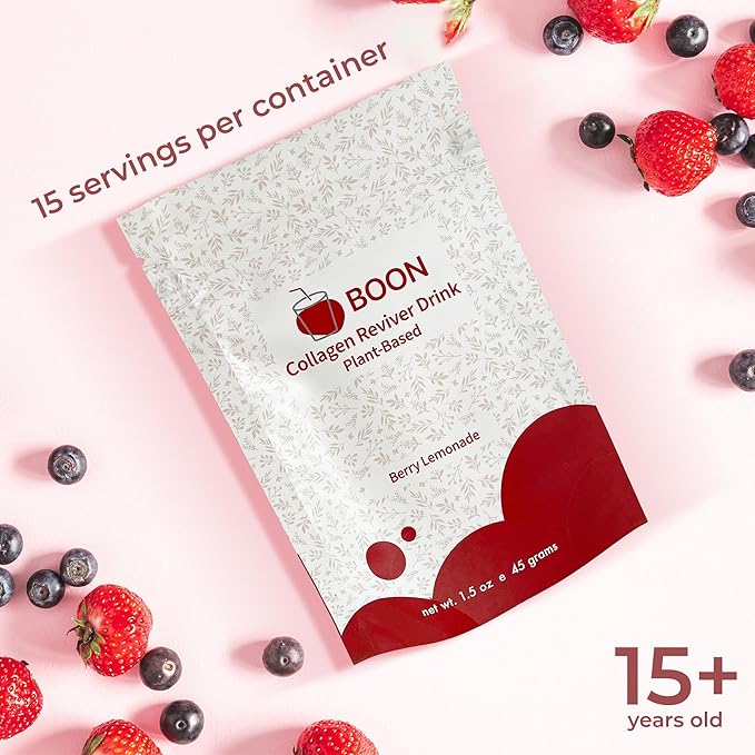 Boon Collagen Reviver Drink – Plant-Based Collagen Booster Supplement for Beautiful &amp Radiant Skin – Organic Vegan Collagen Powder – Berry Lemonade Flavor 15 Servings