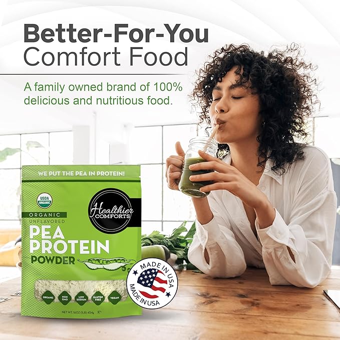 Healthier Comforts Organic Unflavored Pea Protein Powder - Low Sodium (1 lb.) | USA Grown and Processed | 100% Plant Based Protein | Kosher Gluten Free Non-GMO Keto Friendly (16oz)