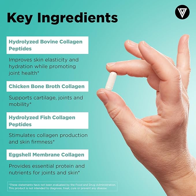 Vital Vitamins Multi Collagen Capsules - Type I II III V X - Grass-Fed Collagen Peptides Supplements Non-GMO - for Men &amp Women - 150 Count