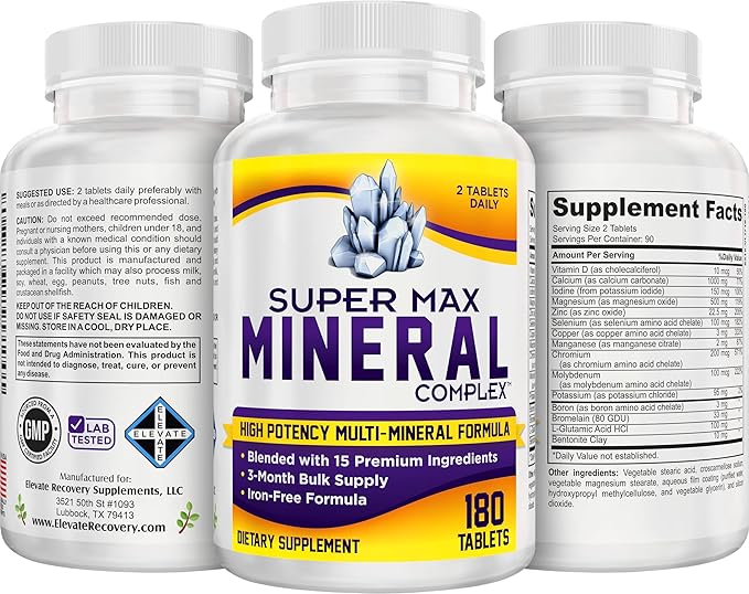 3-Month Multimineral Supplement Support Iron-Free Formula | Daily Multiminerals | Multi-Mineral Supplements | Minerals Complex | 90-Day Bulk Supply | 180 Tablets