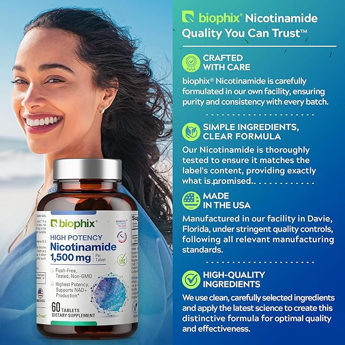 biophix B-3 Nicotinamide 1500 mg 60 Tablets Maximum Strength - Nicotinic Amide Niacin Natural Flush-Free Vitamin Formula - Supports Skin Cell Health