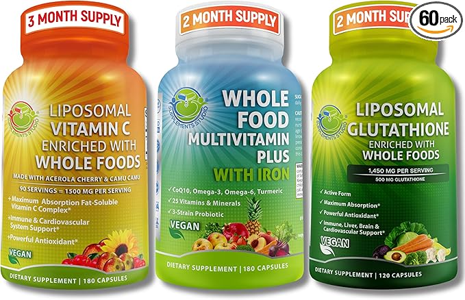 Antioxidant &amp Immune Support Bundle with Organic Whole Foods – Vegan Whole Food Multivitamin with Iron + Liposomal Vitamin C 1500mg &amp Liposomal Glutathione 500mg – Vegan Clean Daily Wellness