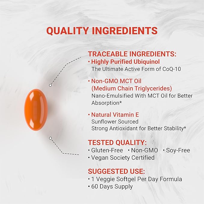 Naturalis Ubiquinol 100mg Active CoQ-10 Emulsified in MCT Oil for Better Absorption | Gluten Free Non-GMO &amp Soy-Free | Cardiovascular Wellness Antioxidant Protection and Healthy Skin* | 60 Soft