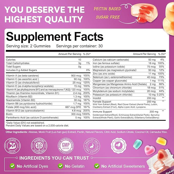 Totaria 2PCS Sugar Free Womens Multivitamin Gummies with Iron Women's Multivitamin w/Vitamins C D3 K2 B12 Filled Gummies for Daily Nutritional Support| Immune Support| Skin Health Mixed Flavors