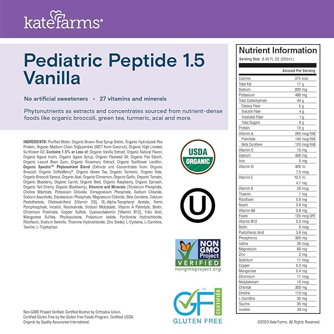 KATE FARMS Organic Pediatric Peptide 1.5 Formula Vanilla Sole-Source Hydrolyzed Plant-Based Nutrition for Oral or Tube Feeding 8.45 oz (12 pack)
