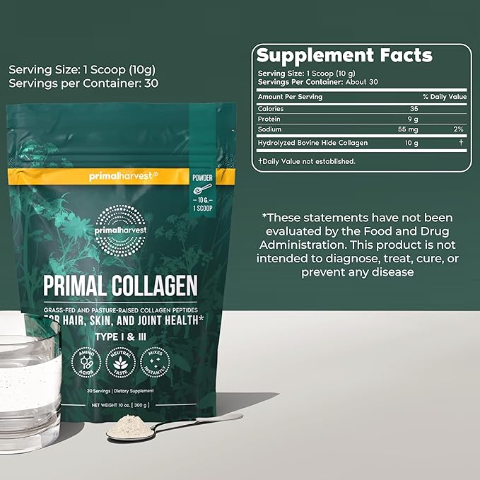 Primal Harvest Collagen Powder for Women or Men Primal Collagen Peptides Powder Type I &amp III 10 Oz Collagen Protein Powder for Hair Skin Nails (Single Original)