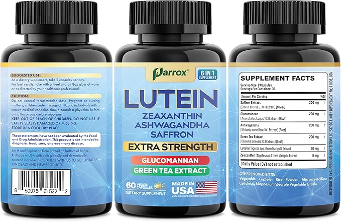 Lutein Supplement with Zeaxanthin Ashwagandha Saffron Green Tea Extract Glucomannan Eye Vitamins for Adults Vision Health Supplement Plant-Based Formula for Daily Support (2 Pack)