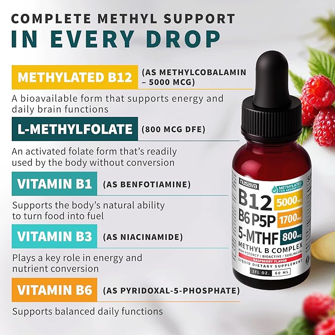(2-Pack) Methylated B Complex Liquid Drops with Active L-Methylfolate - B12 Sublingual Drops Vitamin B Complex - Vegan B 12 Vitamin 5000mcg Non-GMO Raspberry Flavor No Sugar 2 Fl oz 80 Servings