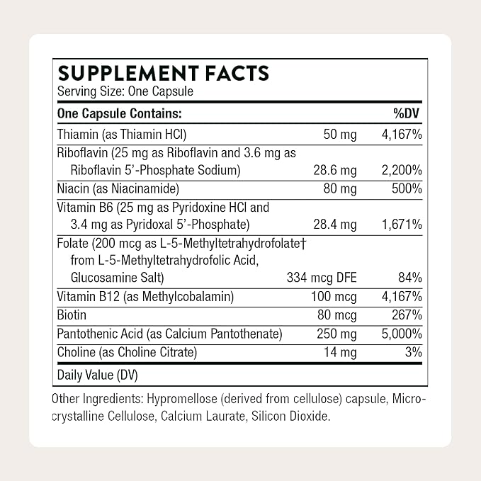 THORNE - Stress B-Complex - Vitamins B2 B6 B12 &amp Folate in Highly-Absorbable and Active Forms - Extra Vitamin B5 for Adrenal Support Stress Management &amp Immune Function* - 60 Servings