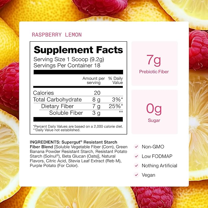 Supergut GLP1 Daily Support - Raspberry Lemon - High Fiber GLP-1 Supplement Powder for Women &amp Men - Sugar-Free Drink Mix for Gut Health &amp Digestive Support (18 Servings)