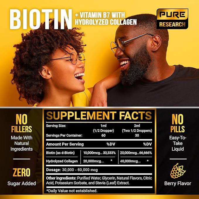 Liquid Biotin &amp Collagen Hair Growth Drops 60000mcg - Biotin and Liquid Collagen Supplement for Men &amp Women - Glowing Skin Support Healthy Hair &amp Nail Growth - 2oz
