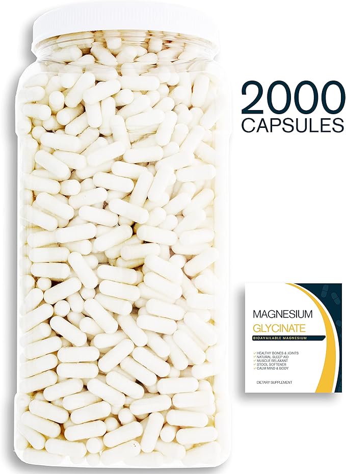 Magnesium Glycinate - 2000CT 400 mg Pure Mg2+ per Serving complexed with Glycine for Maximal Absorption in a Clear Square Grip Jar