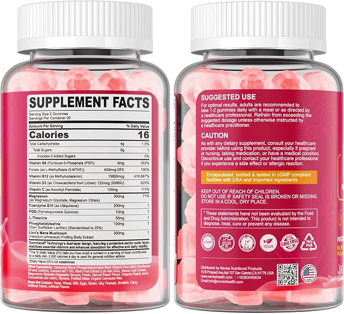 Methyl B12 Gummies 5000 mcg 10000 mcg w/L-Methylfolate B6 D3 Vitamin C Lion's Mane Mushroom L-Theanine CoQ10 Extra Strength Vitamin B12 Gummies Supplement - Energy Focus Brain &amp Immunity 1
