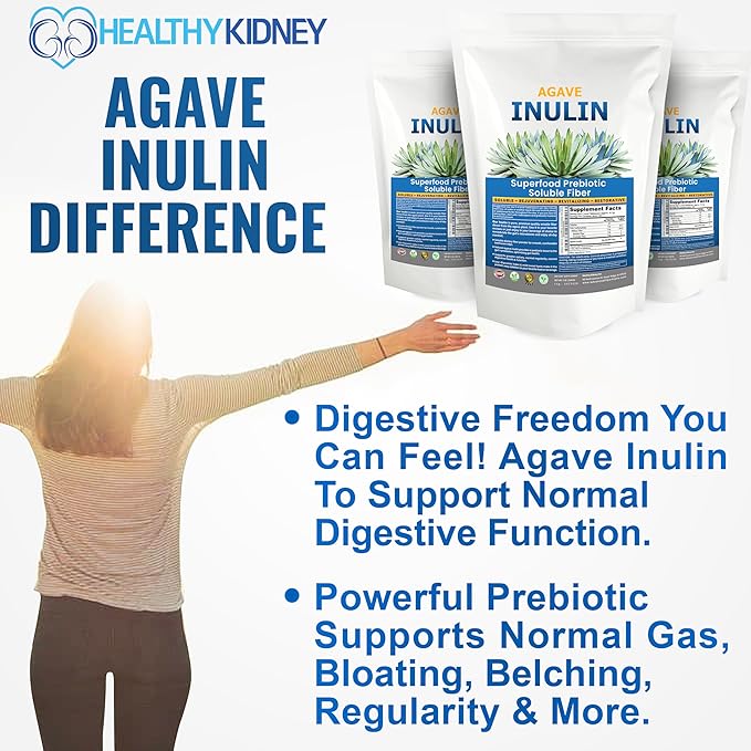 Organic Inulin Powder (48oz/3 lbs) Gentle Agave Prebiotic Soluble Fiber Supplement for Digestive Support Gut Health Vegan Baking Smoothies &amp Drinks