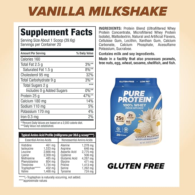 Pure Protein Powder Whey High Protein Low Sugar Gluten Free Vanilla Cream 1.75 lbs &amp Carefree Panty Liners Regular Liners Wrapped Unscented 54ct (Packaging May Vary)