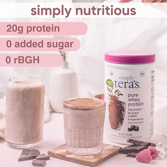 simply tera's Pure Whey Protein Powder - Dark Chocolate Clean Protein Powder Grass Fed Whey Protein Powder Without Artificial Sweeteners Clean Label Non-GMO Kosher rBGH-Free - 24 Oz