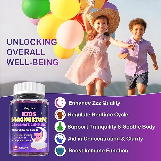 Magnesium Glycinate Gummies for Kids 4+: Sugar Free Magnesium Bisglycinate Gummy with Chamomile L-Theanine Lemon Balm B6 Omega 3 Zinc - Gluten Free Non-GMO Vegan Mixed Berry Flavor