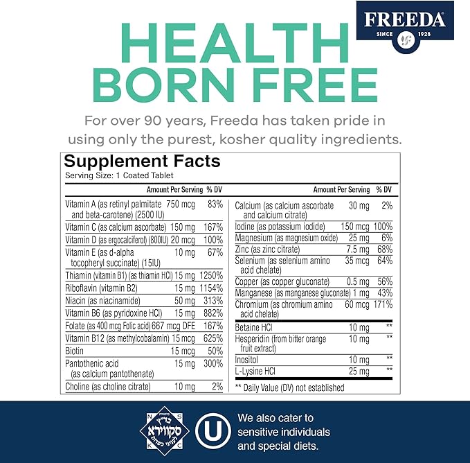 Freeda Senior Multivitamin - Kosher Vitamins for Men &amp Women 60 and Over - One Daily Coated Tablet - Women’s &amp Men’s Vitamins Multivitamin 60 Plus - Vitamins for Women Over 60 Plus Elderly (25
