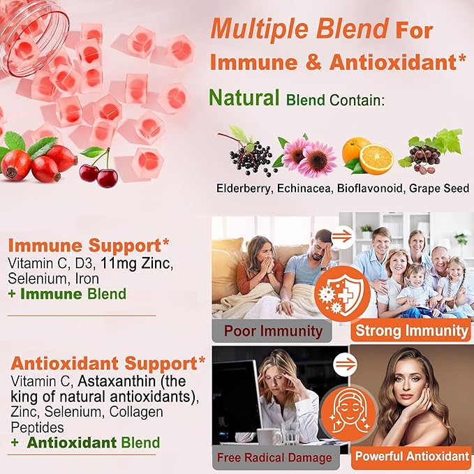 Natural Liposomal Vitamin C 1000mg Gummies for Adults &amp Kids 9+ Chewable Vitamin C w/ 11mg Zinc D3 Elderberry Echinacea  Bioflavonoid Immune Support Whole Food VIT C from Fruits Sugar Fre