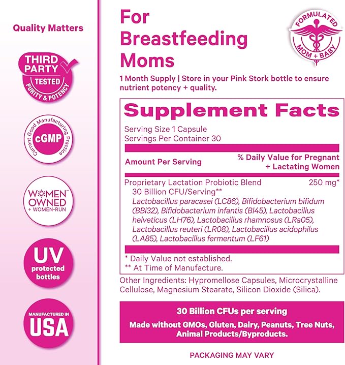 Pink Stork Lactation Probiotic - 30 Billion CFUs Multi Strain Postnatal Probiotics for Breastfeeding Women - Support Breast Milk &amp Gut Health Postpartum Essentials Mint Essence 30 Capsules