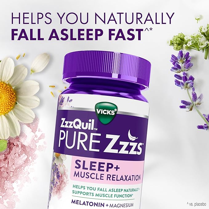 ZzzQuil Pure Zzzs Muscle Relaxation Melatonin Sleep Aid GummiesSupports Muscle FunctionHelps You Fall Asleep NaturallyFastMelatonin + MagnesiumNo Next-Day GrogginessDrug-Free60ct(Pack of 2)