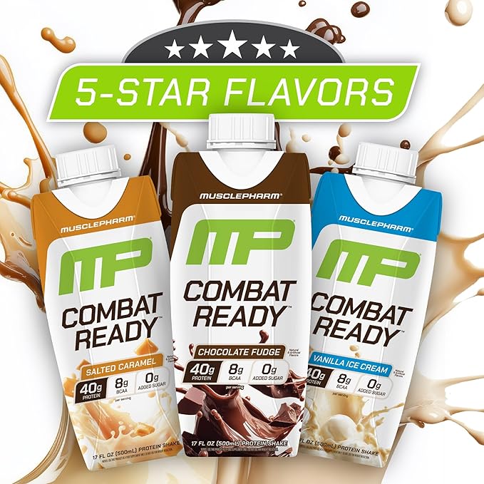 MusclePharm Combat Ready High Protein Shakes Ready to Drink 40g Protein 8g BCAAs 8.7g Glutamine 5g Fiber No Added Sugar Gluten Free Salted Caramel 17 Fl Oz (Pack of 12)