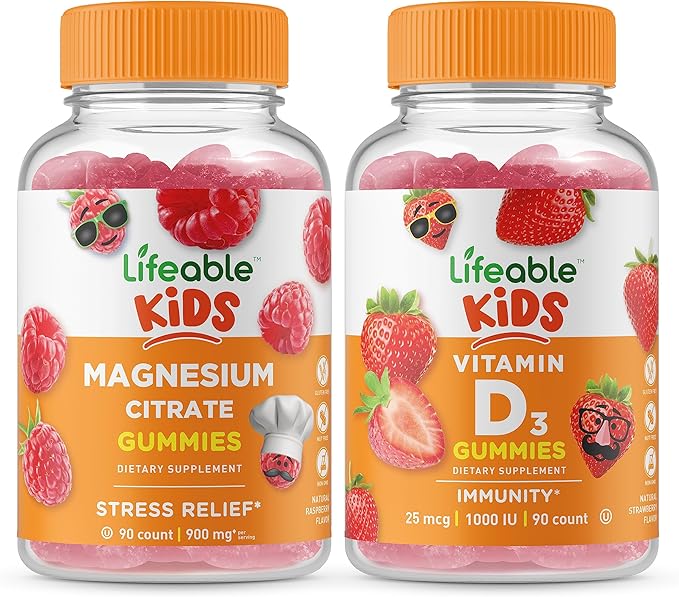 Lifeable Magnesium Kids + Vitamin D Kids Gummies Bundle - Great Tasting Vitamin Supplement Gluten Free GMO Free Chewable Gummy
