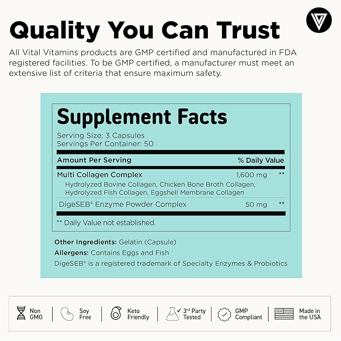 Vital Vitamins Multi Collagen Capsules - Type I II III V X - Grass-Fed Collagen Peptides Supplements Non-GMO - for Men &amp Women - 150 Count