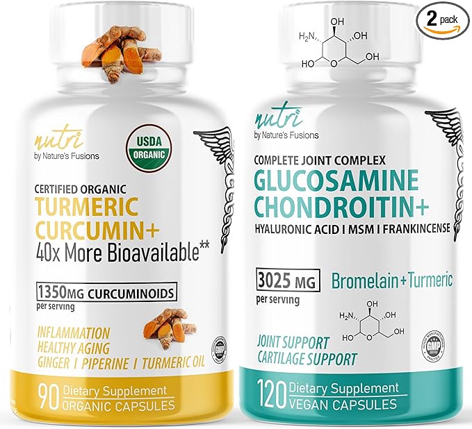 Nature's Fusions Organic Turmeric Supplement 1425mg 95% Cucuminoids &amp Glucosamine Chondroitin Joint Supplement Bundle