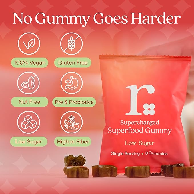 Rizz Low Sugar Green Gummies - 60+ Superfoods 6g Fiber - Prebiotic and Probiotic Gummies - Vegan Multivitamins for Women &amp Men - Gluten Free - Mushroom Fruit and Vegetable Supplements - 30 Day Su