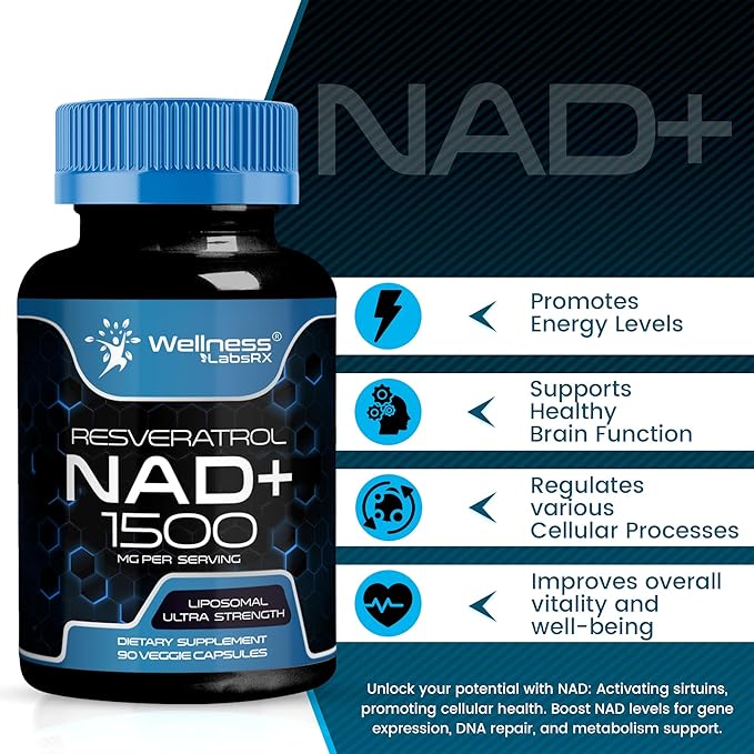 WELLNESS LABSRX Liposomal NAD Supplement 1500mg - USA Made NAD Resveratrol Supplement for Women and Men NAD+ Support Cellular Health Energy &amp Anti Aging - 6 Pack