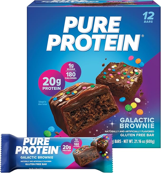 Pure Protein Birthday Cake and Galactic Brownie Protein Bars High Protein Nutritious Snacks 20g Protein Gluten Free Packs of 12