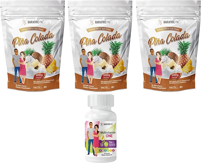 BariatricPal 90-Day Bariatric Vitamin Bundle (Multivitamin ONE 1 per Day! Capsule with 18mg Iron and Calcium Citrate Soft Chews 500mg with Probiotics - Piña Colada)
