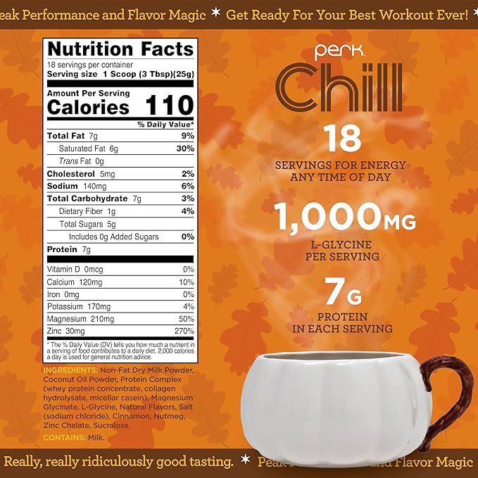 Perk Chill Drink Mix (Pumpkin Spice) 18 Servings – Calming Melatonin-Free Nighttime Sleep Aid Support with Magnesium &amp L-Glycine Soy-Free Peanut-Free Gluten-Free