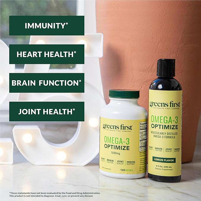 Greens First Omega-3 Optimize Daily Supplement – Ultra-Pure Potent Marine Oil - for Heart Brain &amp Joint Health - High EPA/DHA - Immune Support - 850mg (120 Softgels)
