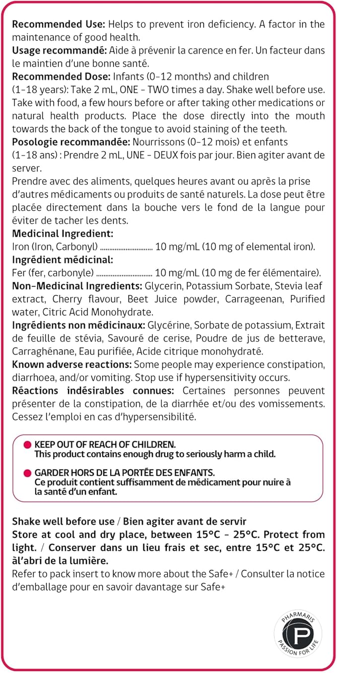 Safe+ Liquid Iron Supplement for Kids &amp Infants 10 mg/mL Carbonyl Iron Liquid Gentle on Stomach No Artificial Sweeteners or Dyes Great-Tasting Cherry Flavor 4 oz