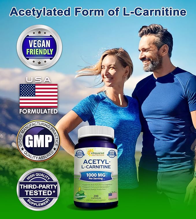 aSquared Nutrition Acetyl L-Carnitine 1000mg Per Serving Max Strength - 200 Veggie Capsules - High Dosage Acetyl L Carnitine HCL (ALCAR) Supplement Pills to Support Pure Energy Brain Function