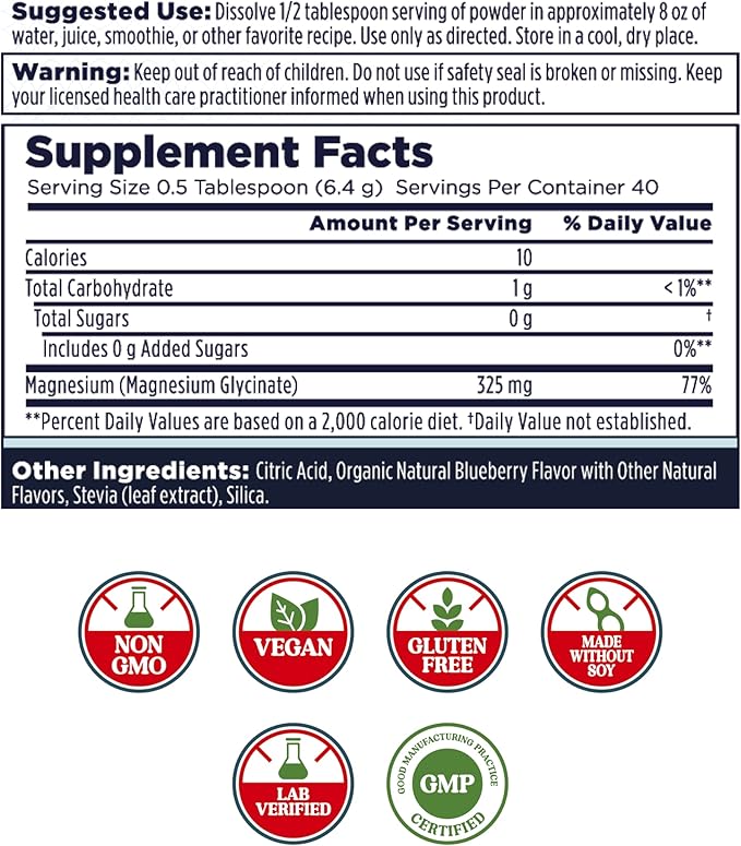 KAL Calming Magnesium Powder - Blueberry Flavor Magnesium Supplement - High Absorption Relaxation Support No Added Sugar Vegan Gluten Free Made Without Soy - 40 Servings 9 oz