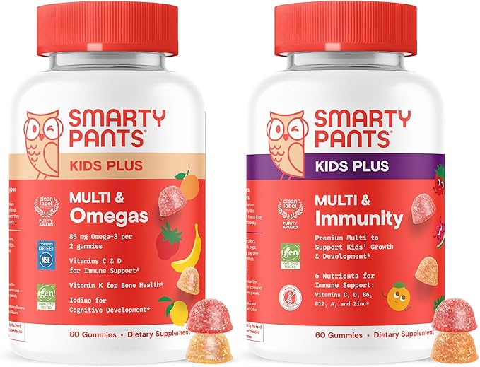 SmartyPants Kids Daily Nutrition &amp Immunity Bundle: Multivitamin + Multi &amp Immunity Gummies with Vitamins C D3 B12 A &amp Zinc – Gluten Free Non-GMO 60 Count Each (Pack of 2)