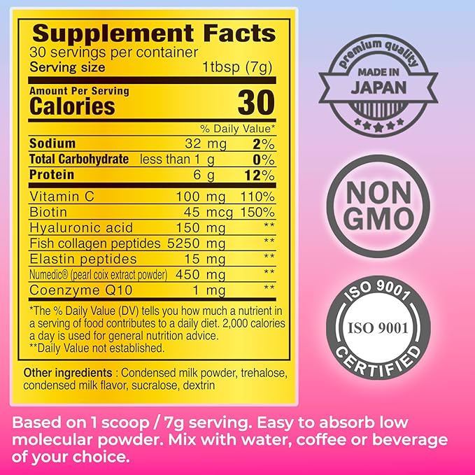 FINE JAPAN Premium Marine Collagen Powder with Hyaluronic Acid CoQ10 &amp Elastin/Set of 3 /Non-GMO - 30 Servings (210g / 7.4oz)