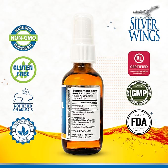Natural Path Silver Wings Colloidal Silver - Extra Strength Liquid Immune Support Supplement- - 500ppm (2500mcg) - 2oz Spray