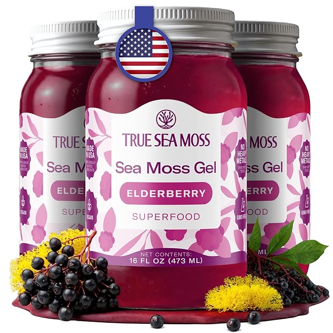 TrueSeaMoss Sea Moss Gel – Made in USA – Wildcrafted Seamoss Fruits &amp Jarred Vegetables – Elderberry Pack of 3 (Labels may Vary)