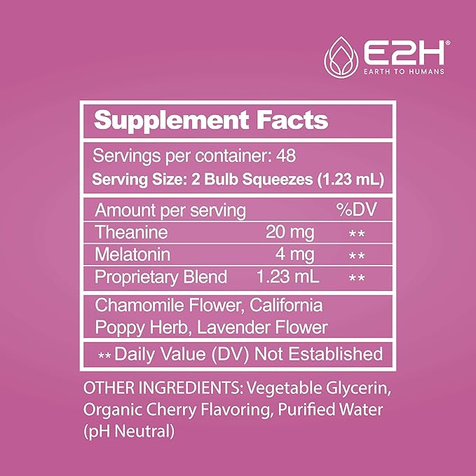 E2H Natural Sleep Support - Liquid Melatonin with Chamomile Theanine - Sleep Better Deeper Longer - Vegan GMO-Free - Provides Stress Relief - 2 Fl Oz