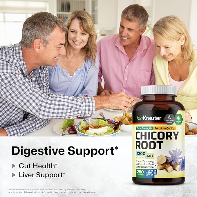 BIO KRAUTER® Chicory Root for Gut &amp Digestive Support - Pure Vegan Prebiotics &amp Fiber Supplement in Capsules 1200 mg per Serving 250 Count - No Fillers Non-GMO - 62 Days of Supply
